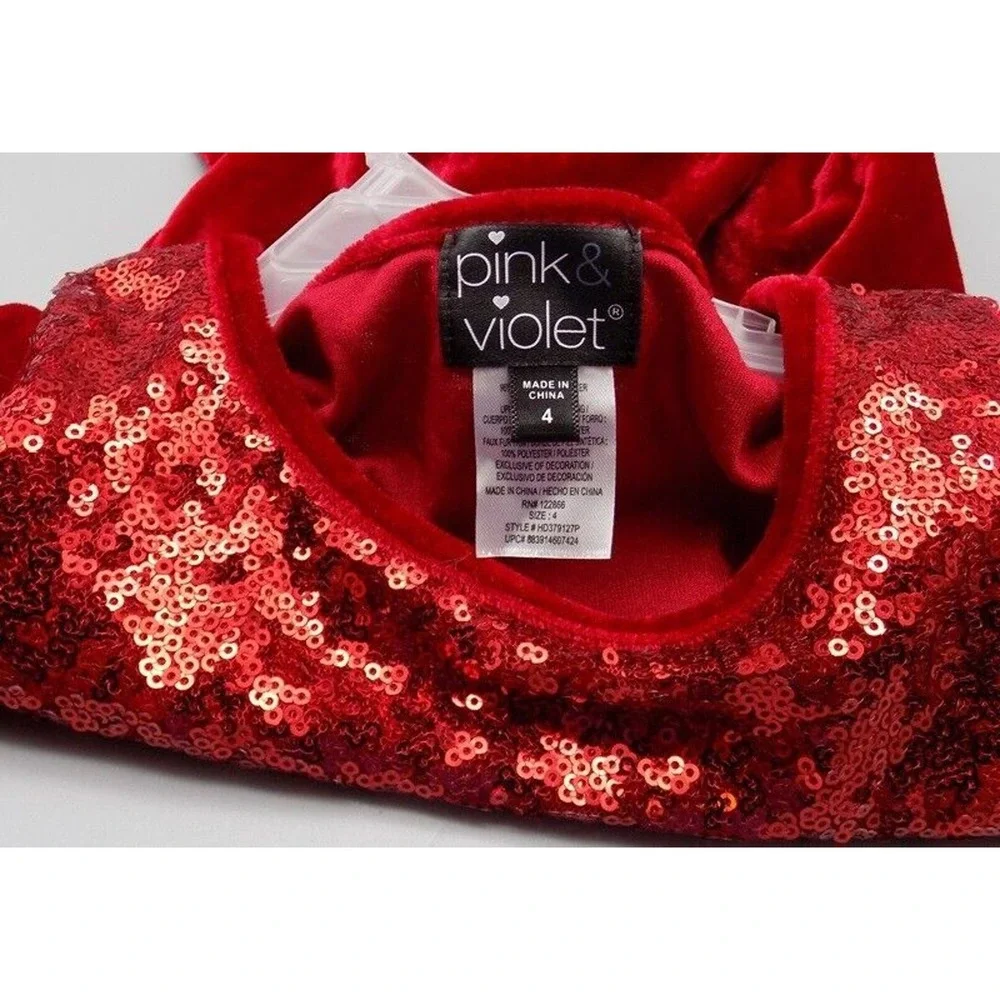 Red Velvet Velour Size 4 Holiday Christmas Dress Sequins Fur Pink & Violet New